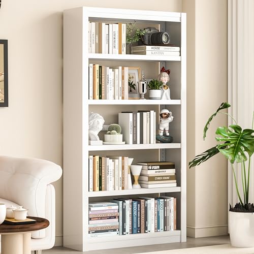 5 Tier Metal Bookcase,69'' Tall Heavy Duty Bookshelf with Open,White Large Adjustable Bookshelves,Sturdy Modern Heavy Duty Display Bookcases for Library,Office,Study Room,Living Room - color: White, size: 69" New