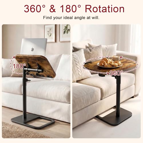 Tv Tray Table Adjustable Height Couch Side Table, Tilt Angle Adjustments-360° Swivel/180° Flip-Over Panel C-Shaped End Table With Tablet Slot, Computer Desk for Chair, Living Room (Rustic Brown) - color: Rustic Brown, style: Angle Tilt