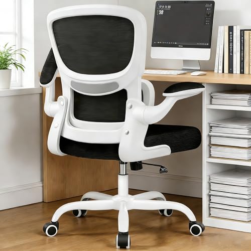 ALLGOD Office Chair Ergonomic Desk Chair, Breathable Mesh Desk Chair Comfy with Lumbar Support, Flip-up Armrests, Computer Chairs Comfortable for Home, Office, Work, Standard, 300Lbs - color: White(standard), size: 1 Pack