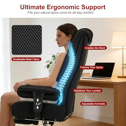 EXCEBET Big and Tall Office Chair 400lbs Wide Seat, Leather High Back Executive Office Chair with Lumbar Support, Ergonomic Chairs Padded Armrests & Thick Cushion (Mesh Dark Black) - color: Mesh Dark Black