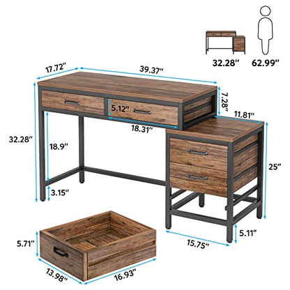 Tribesigns Computer Desk with 5 Drawers, Reversible Home Office Desks | Small Desk with Drawer Cabinet Printer Stand, PC Desk with Storage, Rustic Study Writing Table Workstation for Small Spaces - color: Rustic Brown