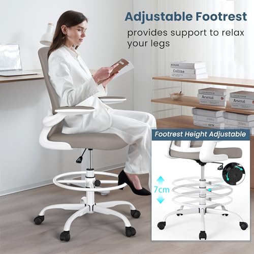 Drafting Chair, Tall Office Chair with Flip-up Armrests Executive Ergonomic Computer Standing Desk Chair, Office Drafting Chair with Lumbar Support and Adjustable Footrest Ring - color: Light Grey&white