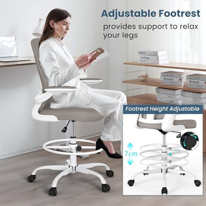 Drafting Chair, Tall Office Chair with Flip-up Armrests Executive Ergonomic Computer Standing Desk Chair, Office Drafting Chair with Lumbar Support and Adjustable Footrest Ring - color: Light Grey&white