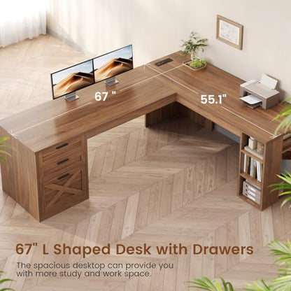 SEDETA 67" Farmhouse L Shaped Desk with 3 Drawers, Executive Home Office Desks with Storage Shelves, Corner Computer Desk with Power Outlets for Home Office, Brown | Executive Home Office Desks with Storage Shelves, Corner Computer Desk with Power Outlets