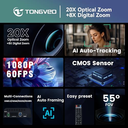 TONGVEO Conference Room PTZ Camera System with 20X Optical Zoom, AI Auto Tracking 1080P 60fps HDMI USB Webcam for Church Streaming Online Video Conference,Compatible with Zoom, OBS Easy Setup - color: Black