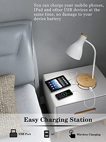 LALISU Metal Desk Lamp Wireless Charging Table Lamp Touch Reading Lights Arc Desk Lamps for Bedroom, 3 Way Dimmable Bedside Lamp with USB Charging Ports Lamp for Study Room and Office (White) - color: White