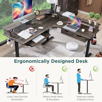 RedLemon 60 Inches L Shaped Electric Standing Desk, Dark Rustic Oak - color: Dark Rustic Oak, size: 60"X60"