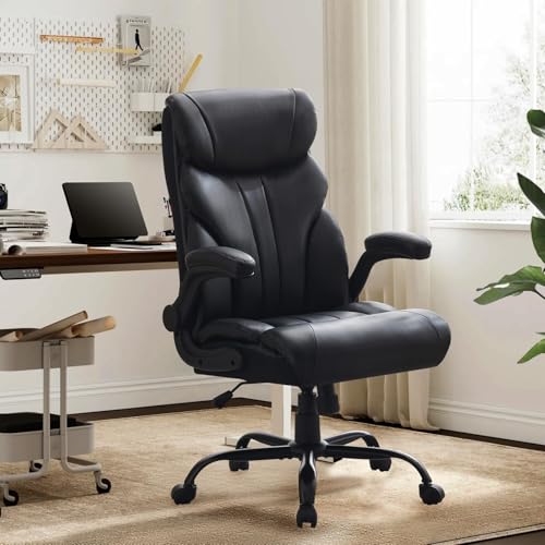 Office Chair 500 LBS, Heavy Duty Executive Leather Desk Chair with Adjustable Flip-Up Armrests, 100-118° Recline, Ergonomic Computer Chair for Heavy People Long Hours Work, Black - color: Black