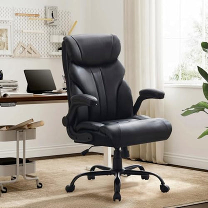 Office Chair 500 LBS, Heavy Duty Executive Leather Desk Chair with Adjustable Flip-Up Armrests, 100-118° Recline, Ergonomic Computer Chair for Heavy People Long Hours Work, Black - color: Black