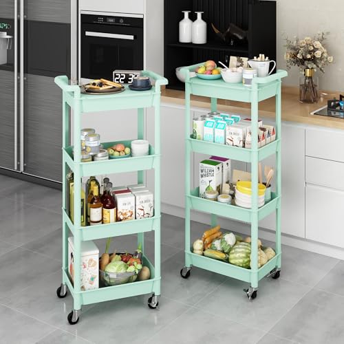 MIOCASA Utility Rolling Cart with Detachable Tray Top, 4-Tier Kitchen Storage Organization, Art Cart with Wheels for Office, Classroom, Living Room, Kitchen, Bathroom, Green, Plastic - size: 4-Tier, style: Green