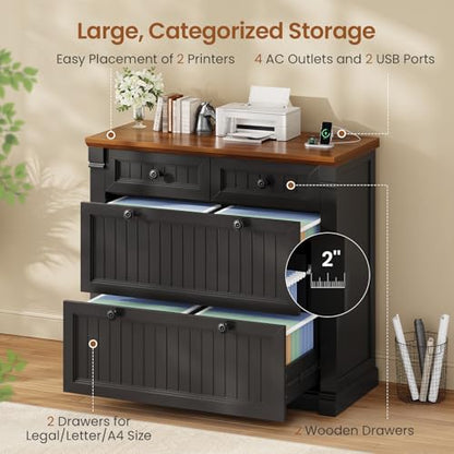SEDETA 4 Drawers File Cabinet, 33" Farmhouse Filing Cabinets for Home Office fit Legal/Letter/A4 File, Wood Office File Cabinet with Power Outlets, Printer Stand with Storage, Black+Brown - color: Black+brown