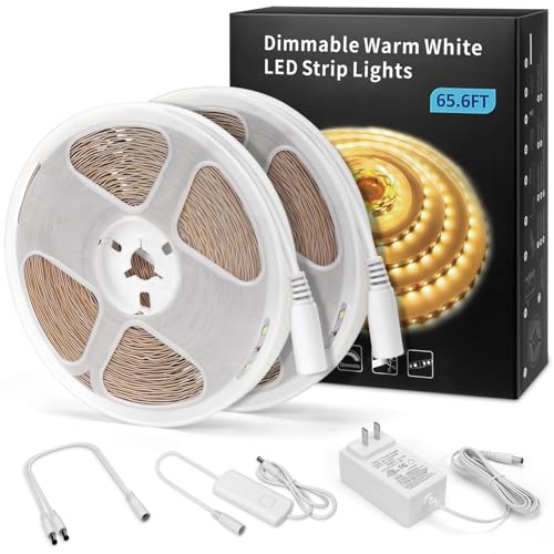 MYPLUS Under Cabinet Lighting Kit, 65.6Ft Dimmable Led Strip Lights with 1200 LEDs,24V, Low Power Safety Adapter, Flexible Tape Light for Kitchen Cabinet,Bedroom,Counter,Shelf (Warm White-3000k) - color: Warm White/3000K, size: 65.6FT/20M