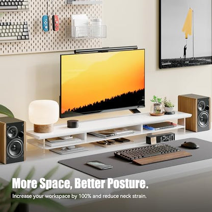 FENSULN Dual‑Tier Monitor Stand for Modern Desk Setup – Minimalist Wooden and Metal Riser Shelf with Transparent Acrylic Feet for Dual Monitors, Laptops, Home Office Aesthetic，White