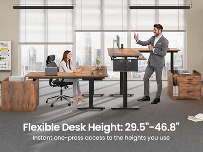 SEDETA L Shaped Electric Standing Desk with File Cabinet, 63 x 53'' Height Adjustable Home Office Computer Desk with 3 Drawers, Power Outlet, Stand up Gaming Table with Led Lights, Rustic Brown - color: Rustic Brown, size: 63 x 53'' L Shaped Standing Desk