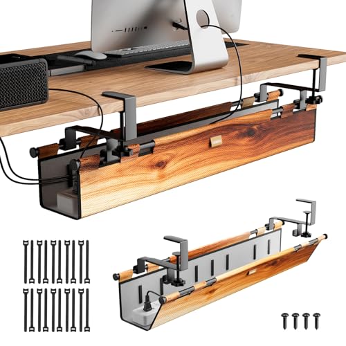 No Drill Thickened Under Desk Cable Management,38.5In,Wood-Grain | Upgraded Double-Layer Extra Thick Standing Desk Wire Management,Cord Organizer with Clamp/Screw Mount,for Office,Home - color: Wood-Grain