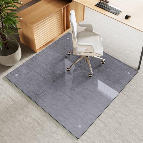 Tempered Glass Gray Chair Mat for Carpet & Hard Floor, 46"x46" Office Chair Mat - Heavy Duty & Scratch Resistant, Non-Slip Pads, Rounded Corners & Polished Edges - color: Grey, size: 46"x46"