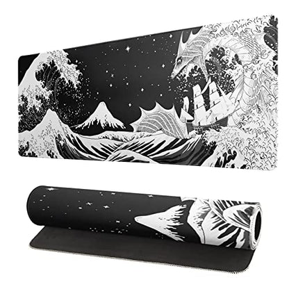 Black and White Japanese Wave Dragon Gaming Mouse Pad - Abstract Mat with Non-Slip Rubber Base, 31.5x11.8 Inch, Stitched Edges - Desk Pad for Office and Home - color: Japanese Waves Sea Dragon