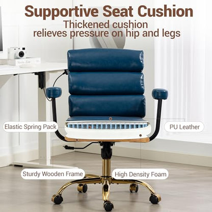 Leather Office Chair with Wheels,Ergonomic Swivel Rolling Task Chair,Padded Seat and Armrests,Adjustable Height Home Desk Chair,Executive Computer Chair, Gold Base Makeup Vanity Chair,Blue - color: Blue