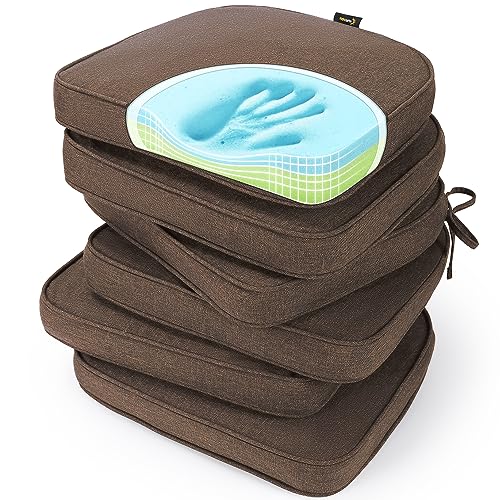 SUNROX Gel Memory Foam Chair Cushions, FadeShield Water-, Stain-Resistant Durable Reversible Seat Cushion Pads with Ties for Indoor/Outdoor Kitchen Dining Office 17"x16" Set of 6, Heather Chestnut - color: Heather Chestnut, size: 17x16 Inch (Pack of 6)