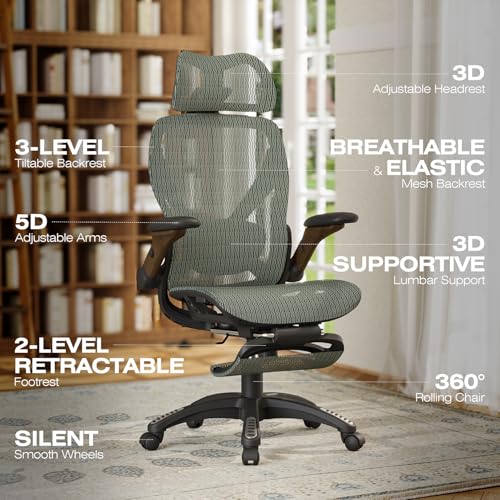 ELABEST X100 Ergonomic Mesh Office Chair with Footrest, Big and Tall Home Desk Chair with 5D Flip-Up Arms, Adjustable 3D Lumbar Support, Gaming & Executive Computer Chair (Forest Ranger) - color: Forest Ranger