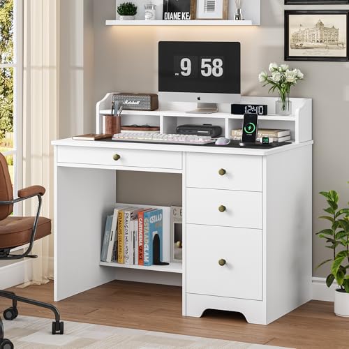 TTVIEW Computer Desk with Drawers and Hutch Shelf, Wood Executive Desk Writing Study Table with 43” Wide Tabletop, Small Desk with File Drawer for Home Office Bedroom, White - color: White