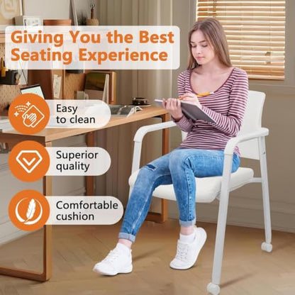 CLATINA Mesh Back Stacking Guest Chairs, Stackable Waiting Room Arm Chair with Wheels & Leather Upholstered for Office Reception Hospital Lobby School Conference Medical Meeting Church, White - size: 1 Pack