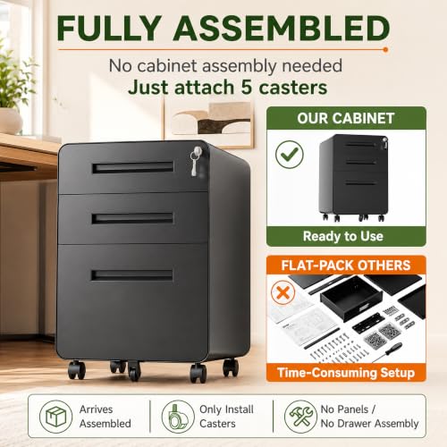 SAWJEC 3 Drawer File Cabinet with Lock, Fully Assembled Mobile Cabinet - color: 02l-black