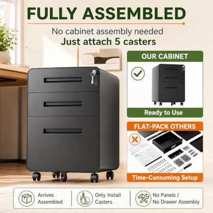 SAWJEC 3 Drawer File Cabinet with Lock, Fully Assembled Mobile Cabinet - color: 02l-black