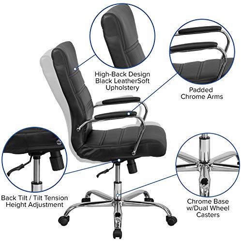 Flash Furniture High Back Office Chair - High Back LeatherSoft Executive Office Swivel Chair with Wheels | 360° Swivel, Height Adjustable, Commercial Grade - color: Black Leathersoft/Chrome Frame