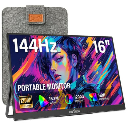 InnoView 16" Portable Monitor 144Hz Portable Gaming Monitor with Protective Sleeve, 1200P FHD External Monitor, Lightweight, Extra Second Screen for Laptop, PS5, Mac, Xbox (Not Includes Adapter) - size: 16 Inch