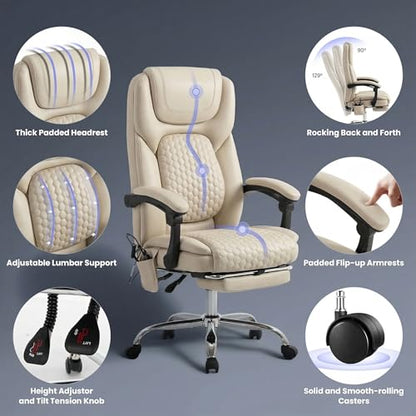 MALOL 300 lbs Massage Office Chair, Big and Tall Desk Chair with 3-Level Heat and Footrest, PU Leather Ergonomic Executive Computer Chair with Side Pocket, Beige - color: Beige, size: Set of 1, style: Classic