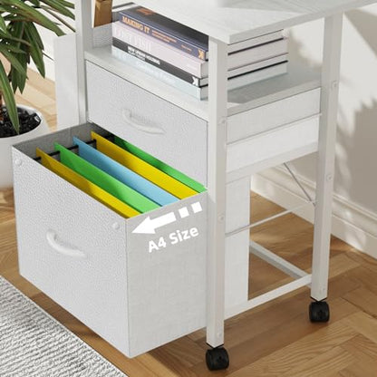 GYIIYUO 2 Drawer File Cabinet 24''W, Mobile Filing Cabinet, Printer Stand | 24'' Extended Desktop, Rolling, Side Bag, Fits A4/Letter Size, Home Office, Fabric Drawer, White - color: White