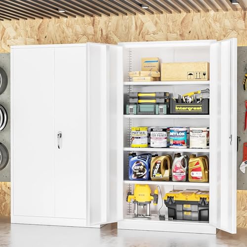 SUNCROWN Metal Garage Storage Cabinet with Adjustable Shelves and Doors, 72" Locking Steel Garage Cabinets,Lockable Tool Cabinets for Garage, Office, Home, White - color: White, size: 72"H x 32"W x 16"D