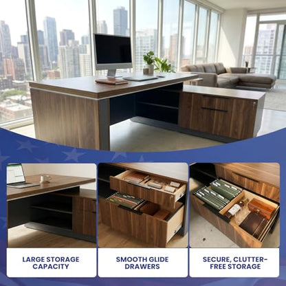 OfficeSimpli L Shaped Executive Desk with Drawers, Made in USA, 84x72x30 in - size: 84" x 72" x 30" (Credenza Left)