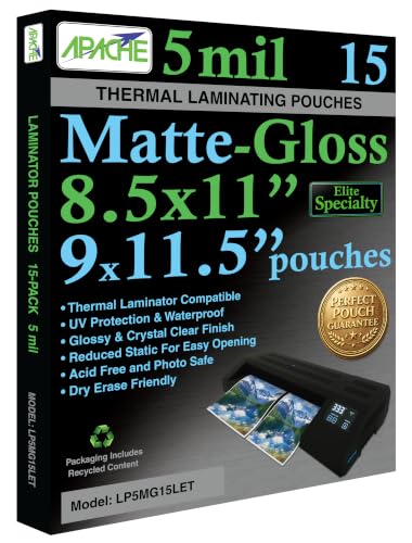 Apache Letter Size Matte-Gloss Laminating Pouches, 5 Mil, 15 Pack, Holds 8.5 x 11 Inch Projects (9x11.5" Pouch Size), Thermal Laminator Laminating Sheets, Clear, Round Corners, Elite Specialty Line - size: LETTER Matte-Gloss 5mil 15 Pack Elite Specialty
