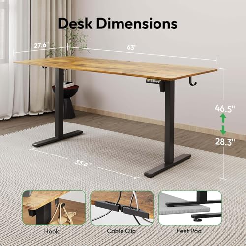 63 x 28 Inch Electric Standing Desk, 3 Memory Presets, Brown - color: Brown, size: 63*28