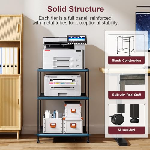 Large Printer Stand with Wheels, 3 Tier Printer Table for Home Office, Rolling Printer Cart with Adjustable Storage Shelf for Shredder Scanner Fax (Black) - color: Black