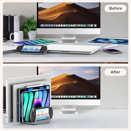 Elestoria 6-Slot Vertical Laptop Stand & Holder –Adjustable Aluminum Laptop Stand Vertical for Desk Fits 6 Devices, MacBook & Gaming Laptops (Up to 17.3”)–Space Saving Laptop Storage Rack - Grey - size: 6 - Slot