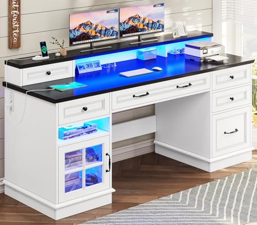 BTHFST 59.1" Executive Desk with File Drawer, Charging Station, White - color: White and Black