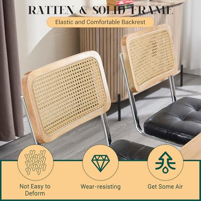 KCC Modern Dining Chairs Set of 6, Faux Leather Rattan Chair,Black | Mid Century Kitchen Side Chairs with Metal Legs and Upholstered Seat for Dining Room,Living Room,Bedroom,Silver Legs - color: Black+silver Legs, size: Set of 6