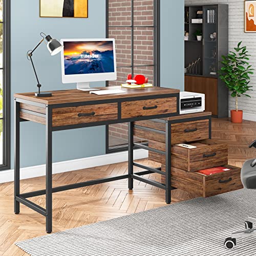 Tribesigns Computer Desk with 5 Drawers, Reversible Home Office Desks - color: Rustic Brown