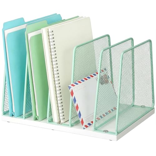 AUPSEN 5-Section File Organizer for Desk, Wood Mesh Desktop File Organizer, File Sorter Storage Rack, Vertical Folder Holder for Files, Magazines, Books (Green) - color: Green