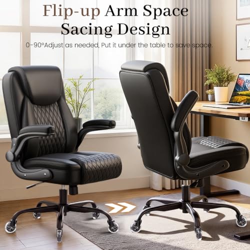 COMHOMA Mid-Back Office Chair, Ergonomic PU Desk Chair with Flip up Arms, Small Computer Gaming with Comfy Lumbar Support,Rocking Function,Sturdy Metal Base, Black - color: Black