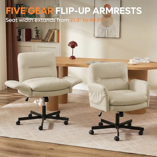 Bestier Criss Cross Chair with Flip-Up Arms, Comfy Wide Vanity Chair | Scratch-Resistant Pu Leather Computer Office Desk Chairs with Wheels 2 Side Pockets for Home Makeup Bedroom, Beige - color: Beige Pu Leather, size: Low Back