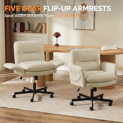 Bestier Criss Cross Chair with Flip-Up Arms, Comfy Wide Vanity Chair | Scratch-Resistant Pu Leather Computer Office Desk Chairs with Wheels 2 Side Pockets for Home Makeup Bedroom, Beige - color: Beige Pu Leather, size: Low Back