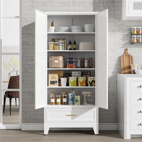 LCAOPC 71" Tall Metal Pantry Storage Cabinet with Drawer and Adjustable Shelves, Freestanding Kitchen Cupboard Storage Cabinet for Kitchen,Dining Room, Living Room, White - color: White, size: 71"H-2 Doors+1 Drawer