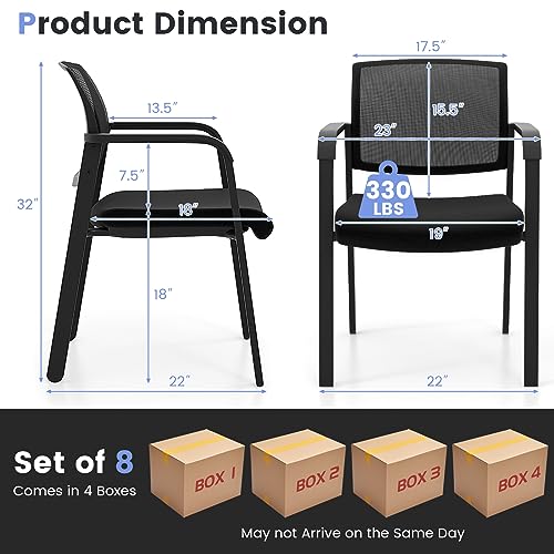 COSTWAY Stackable Office Guest Chairs Set of 8 with Armrests, No Wheels | Conference Room Chairs with Mesh Backrest and Upholstered Seat, Ergonomic Waiting Room Chairs for Office Home Reception Area - size: 8 Pack, style: No Wheels