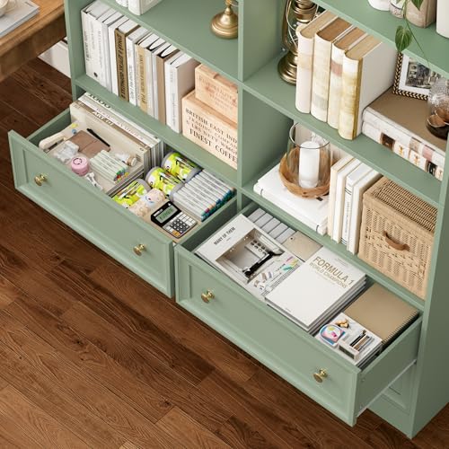 71" Tall Bookshelf with 4 Drawers Large Bookshelf Office Bookcase | 6-Tier Double Wide Bookshelves and Bookcases with Storage, Tall Bookshelf Standing Book Cabinet for Home Office, Green - color: Green