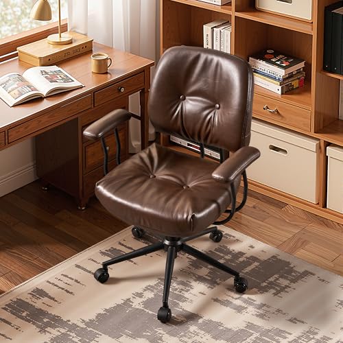 HOOOWOOO Ergonomic Office Chair,Mid Century Modern Computer Desk Chair,Comfy Executive Chair with Extra Wide Tufted Cloudy Seat Lumbar Support Rocking Back,PU Leather Dark Brown - color: Pu Leather Dark Brown-cloudy Seat, size: Mid Back