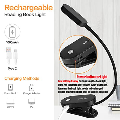 VAVOFO Rechargeable Book Light, 14 LEDs Eye Care Clip On Amber Reading Light for Bookworms Reading in Bed with 9 Colors 9 Brightness(Black) - color: Black